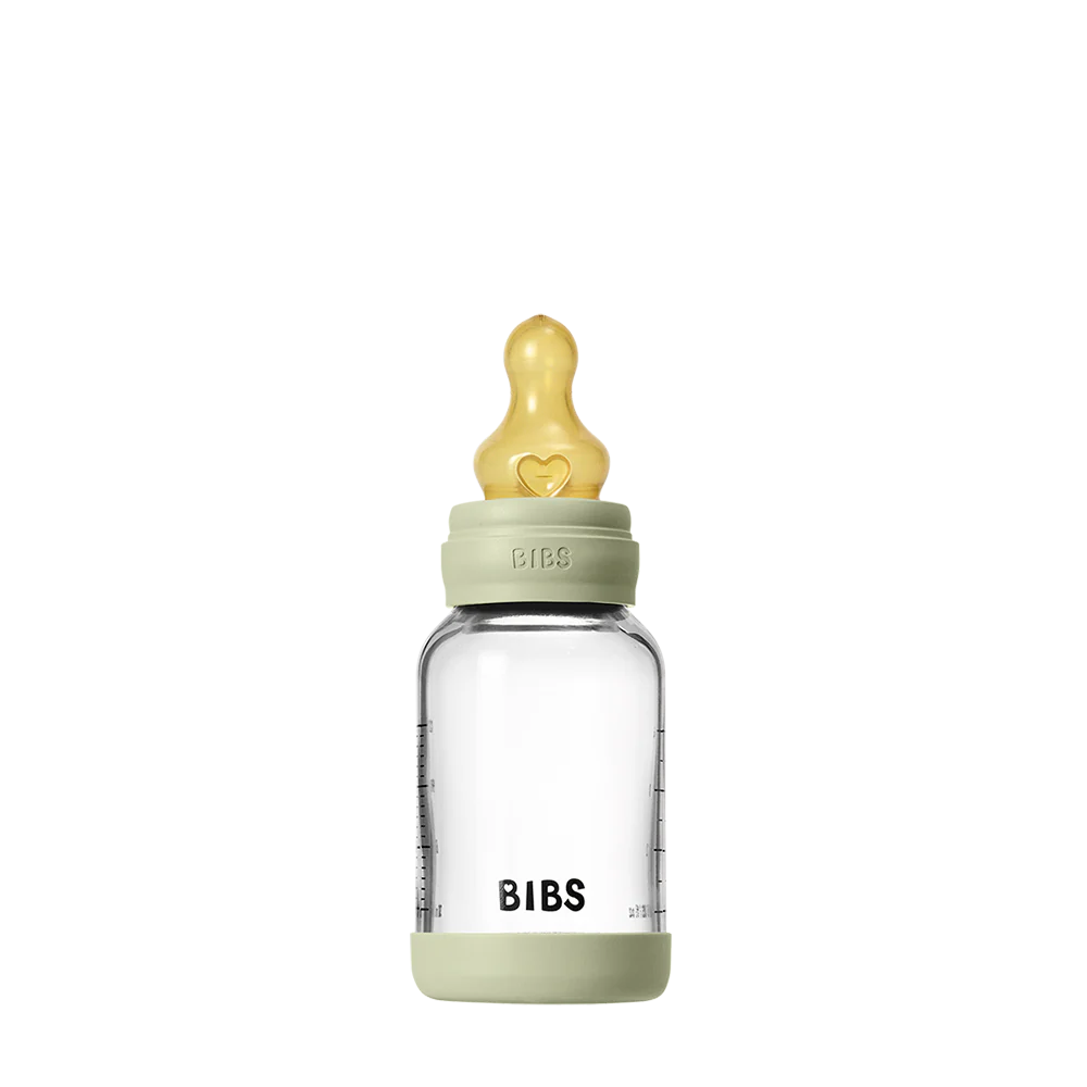 BIBS Glass Baby Bottle 120ml Latex - Sage - Bubbadue