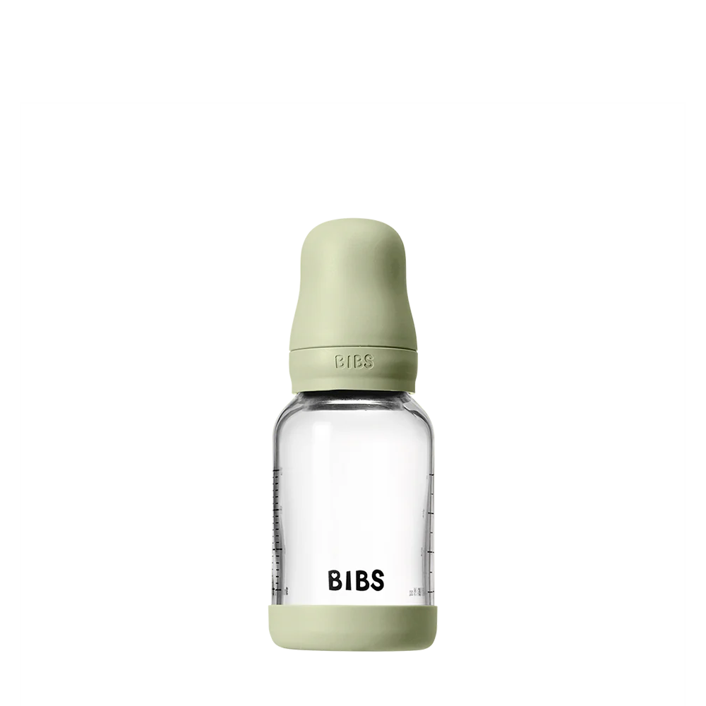 BIBS Glass Baby Bottle 120ml Silicone - Sage - Bubbadue