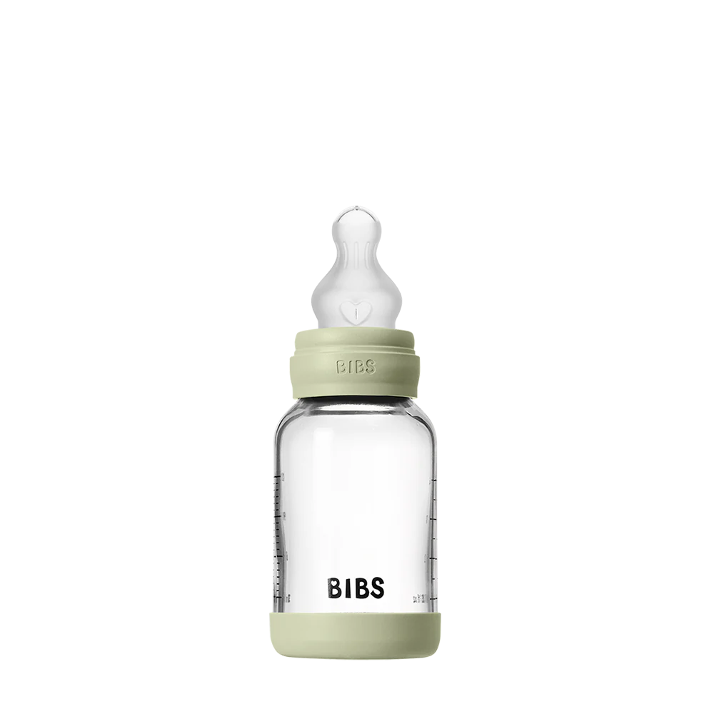 BIBS Glass Baby Bottle 120ml Silicone - Sage - Bubbadue
