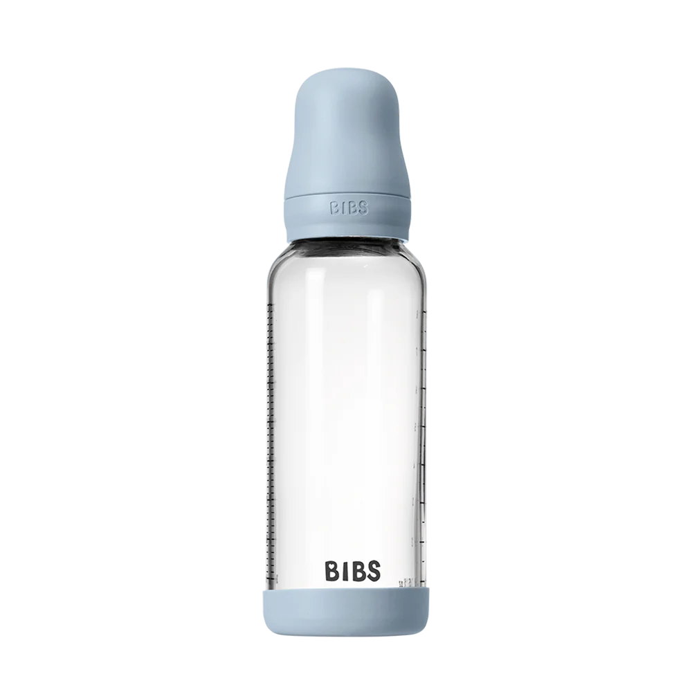 BIBS Glass Baby Bottle 240ml Silicone - Baby Blue - Bubbadue