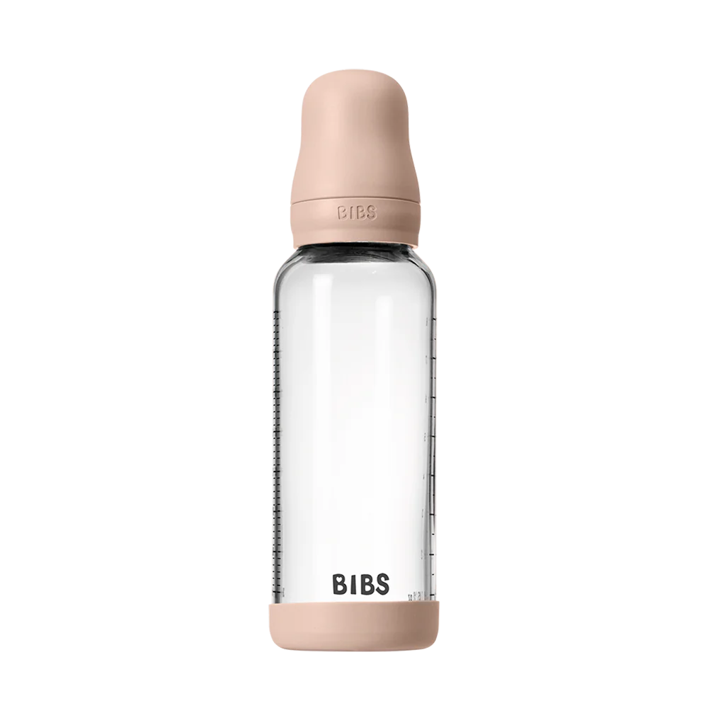BIBS Glass Baby Bottle 240ml Silicone - Blush - Bubbadue