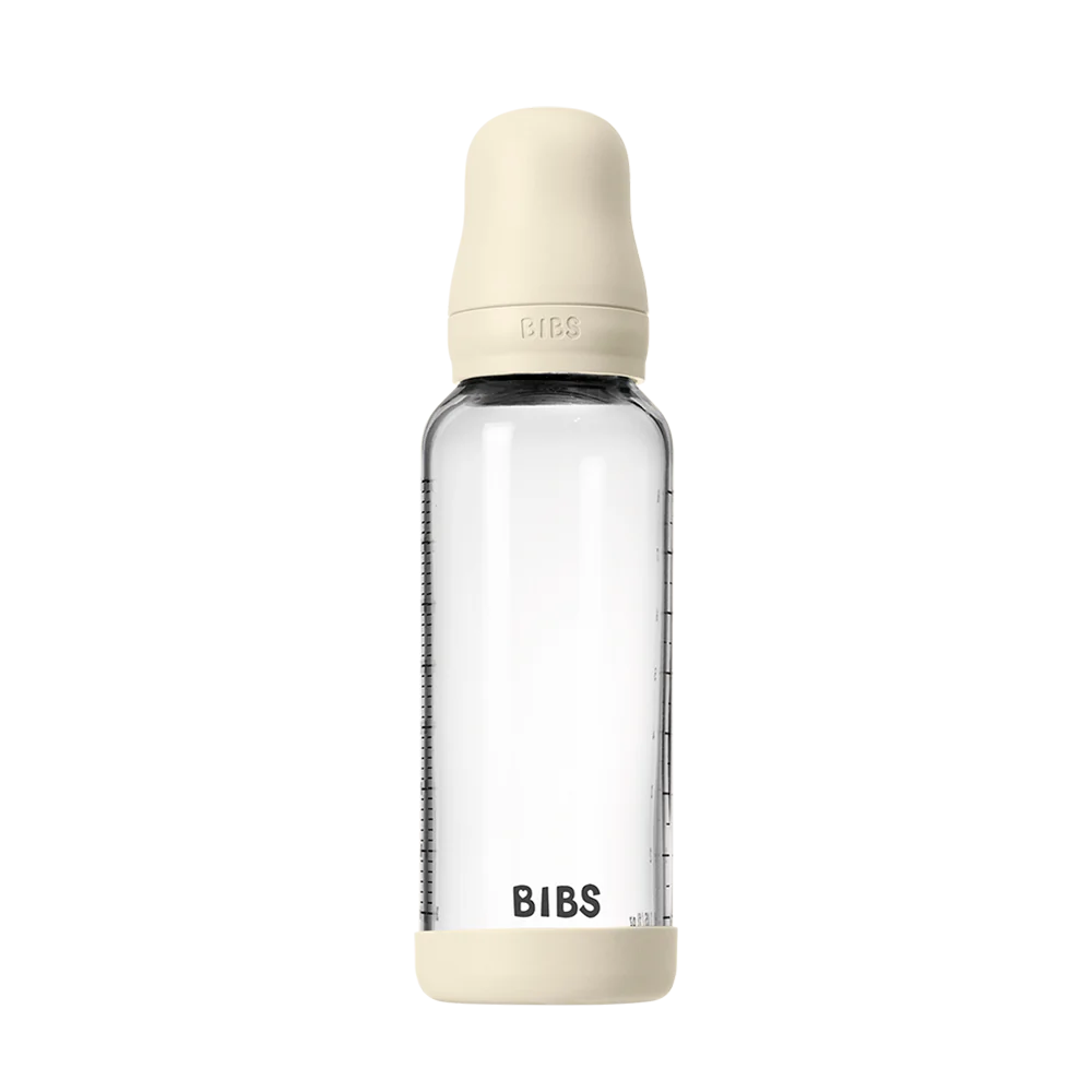 BIBS Glass Baby Bottle 240ml Silicone - Ivory - Bubbadue