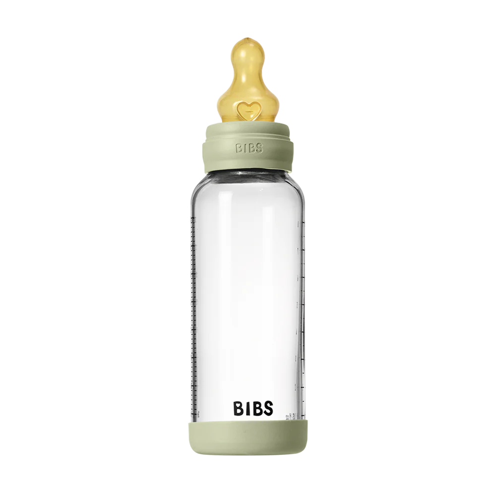 BIBS Glass Baby Bottle 240ml Latex - Sage - Bubbadue