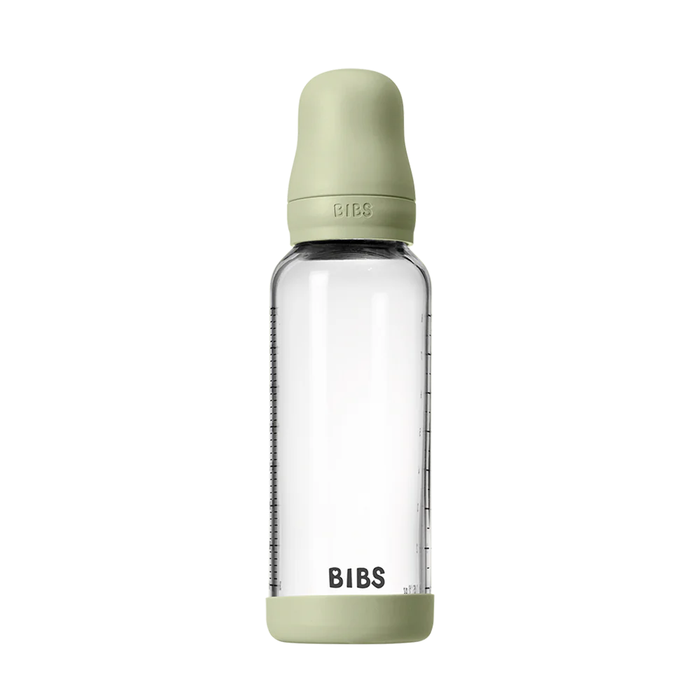 BIBS Glass Baby Bottle 240ml Silicone - Sage - Bubbadue