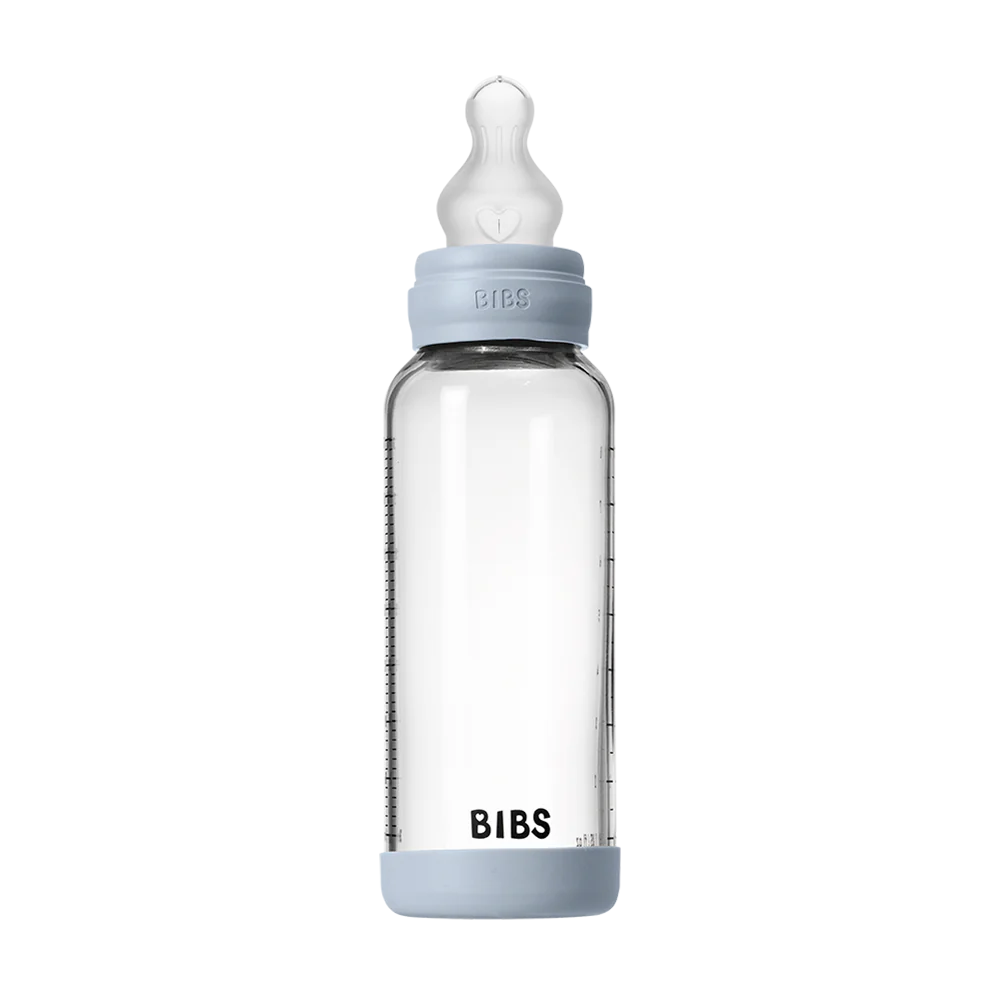 BIBS Glass Baby Bottle 240ml Silicone - Baby Blue