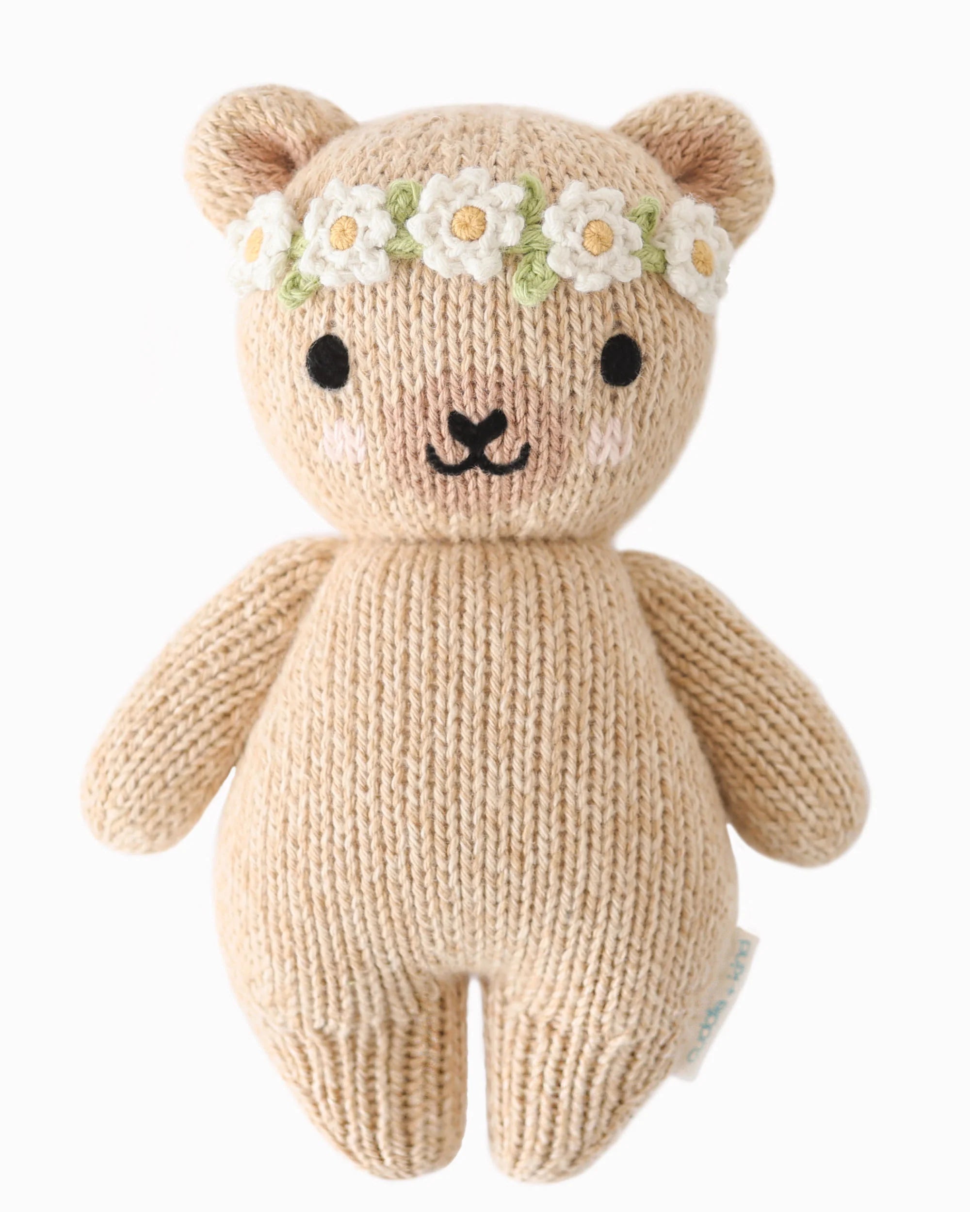 Baby Honey Bear plush toy in ivory floral pattern from Cuddle + Kind, soft and adorable for infants and young children.
