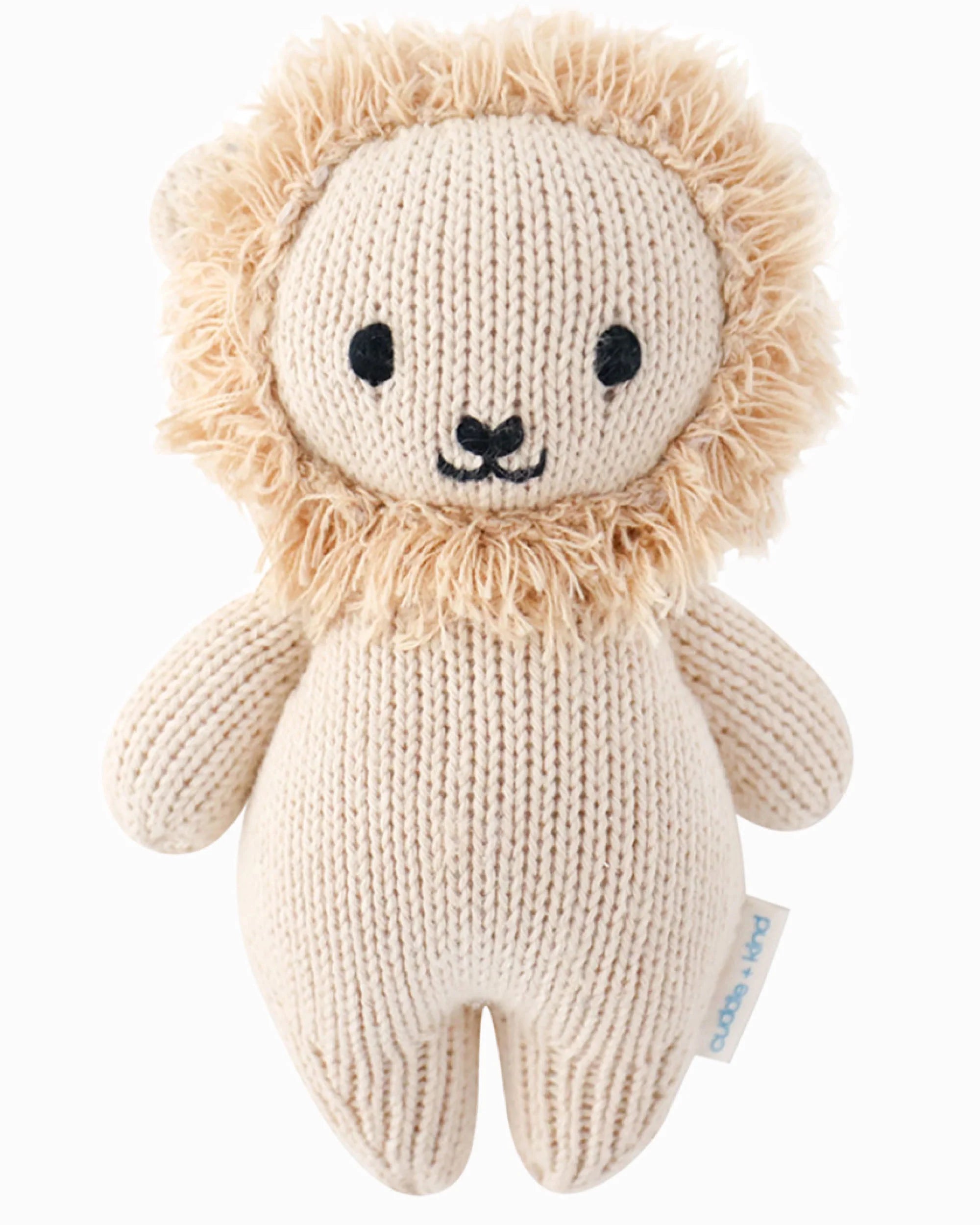 Soft plush Baby Lion toy by Cuddle + Kind, featuring a gentle lion with a friendly face and cuddly fur for infants.