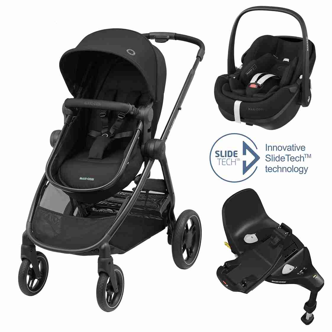 Zelia³ Travel System: Zelia³ Stroller + Pebble 360 Pro Car Seat + FamilyFix 360 Pro Slide Base - Black - Bubbadue