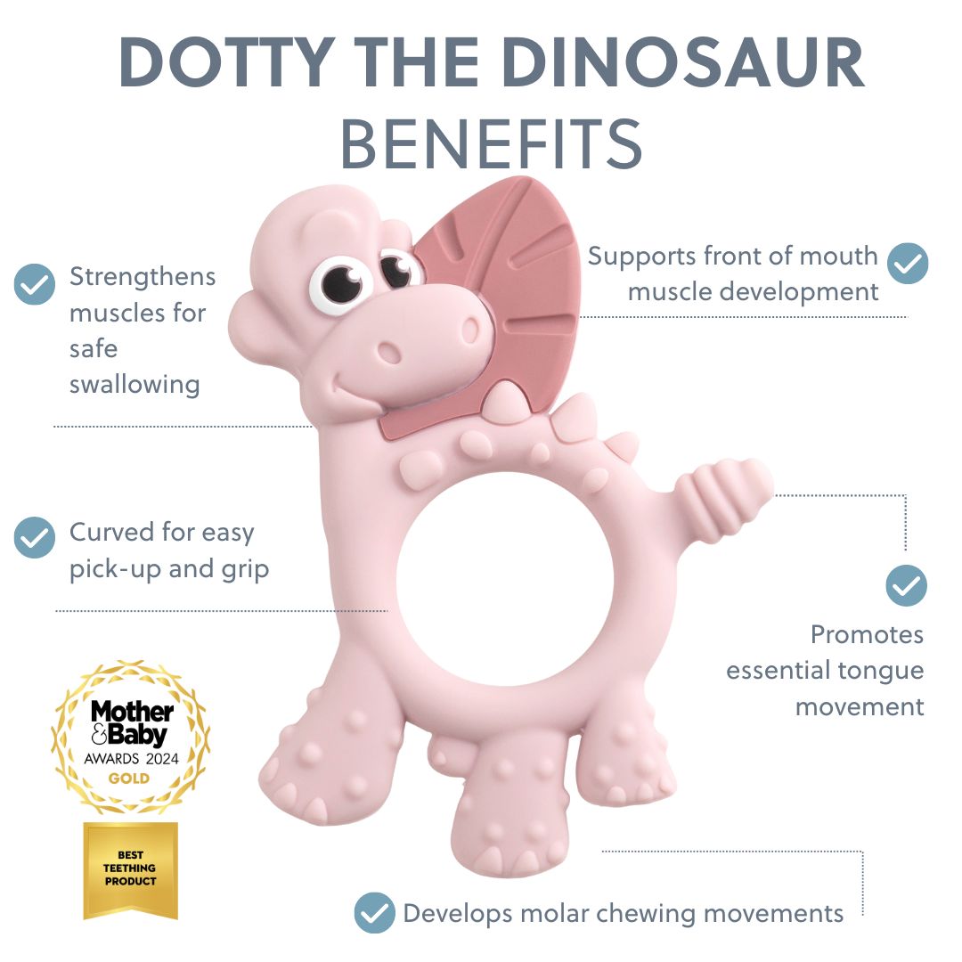 Bibado Dotty the Dinosaur blush sensory teether for babies, featuring textured silicone and soft, colorful design.