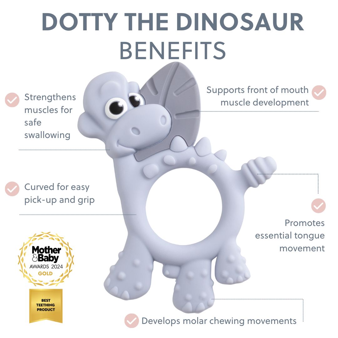 Bibado Dotty the Dinosaur sensory teether with mist, featuring colorful dots and soft textures for soothing baby's gums.