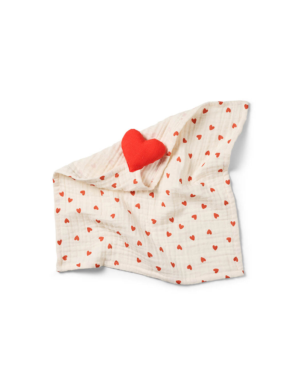 Dear April Aura Cuddle Cloth in Little Love heart print, soft organic muslin comforter with a red heart corner.