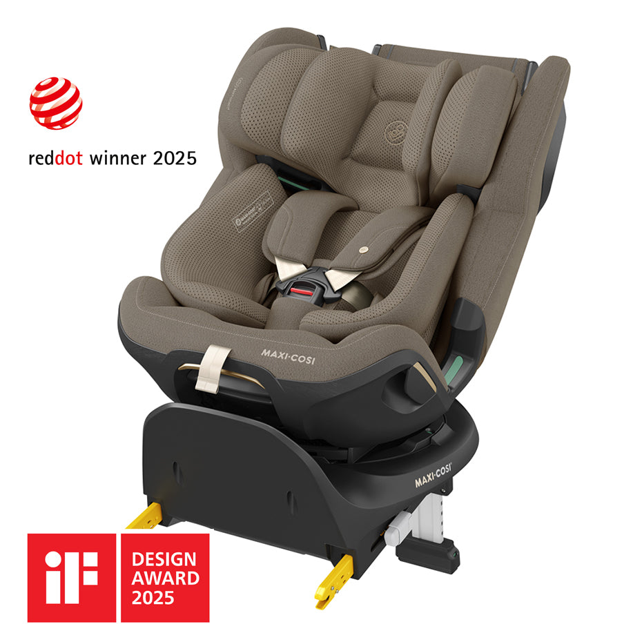 Maxi Cosi Emerald 360 Pro travel system with Twillic Truffle car seat and stroller, featuring modern design and compact structure.