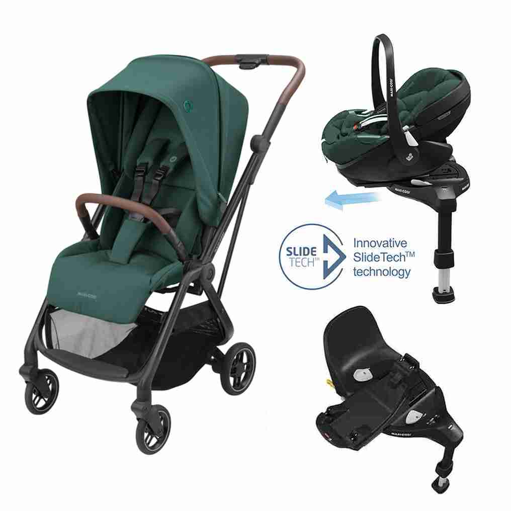 Leona² Travel System: Leona² Stroller + Pebble 360 Pro Car Seat + FamilyFix 360 Pro Slide Base - Twillic Green - Bubbadue