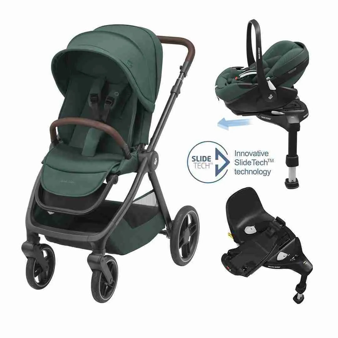 Oxford Travel System: Oxford Stroller + Pebble 360 Pro Car Seat + FamilyFix 360 Pro Slide Base - Twillic Green - Bubbadue