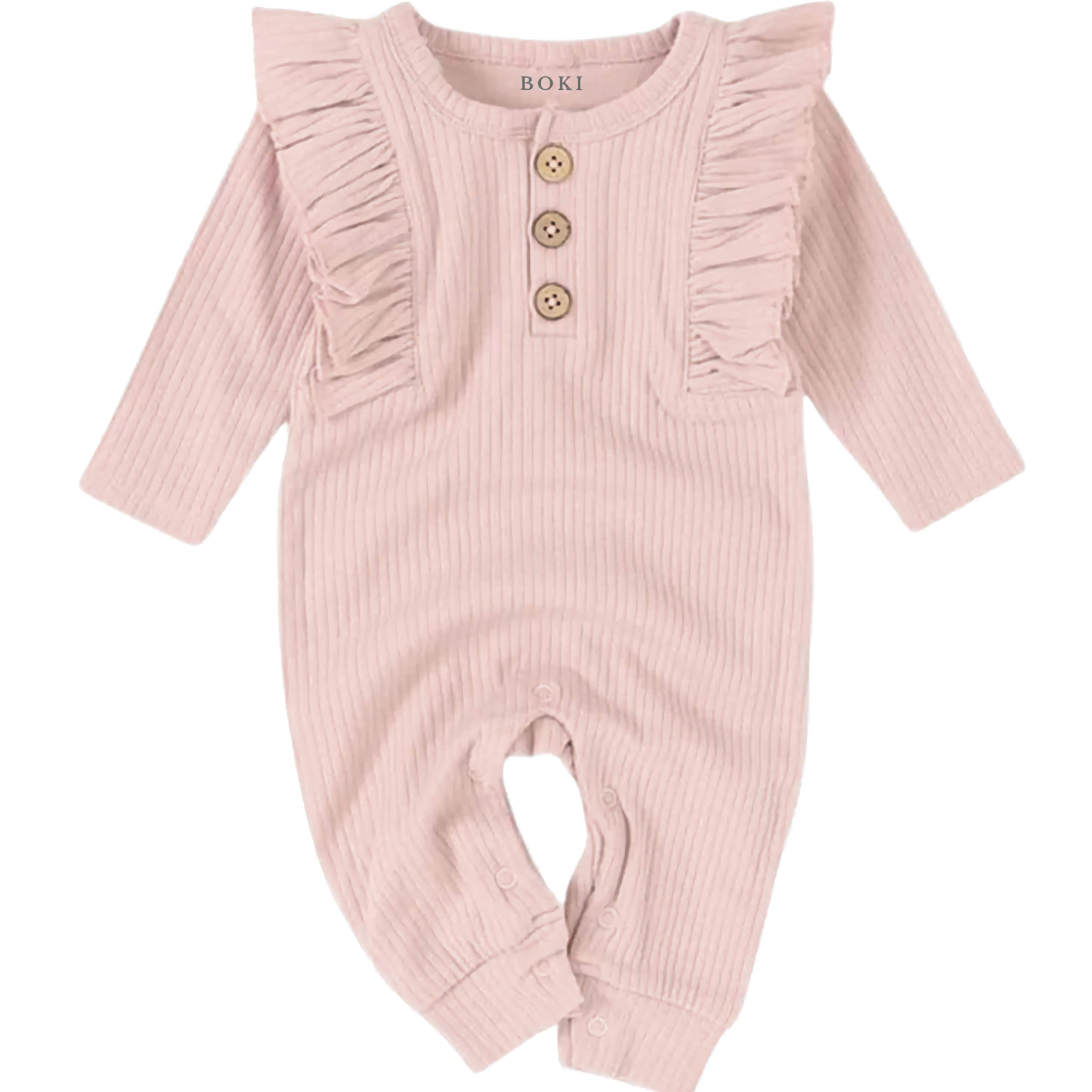 Long-Sleeve Ruffled Ribbed Growsuit | Blush - Bubbadue