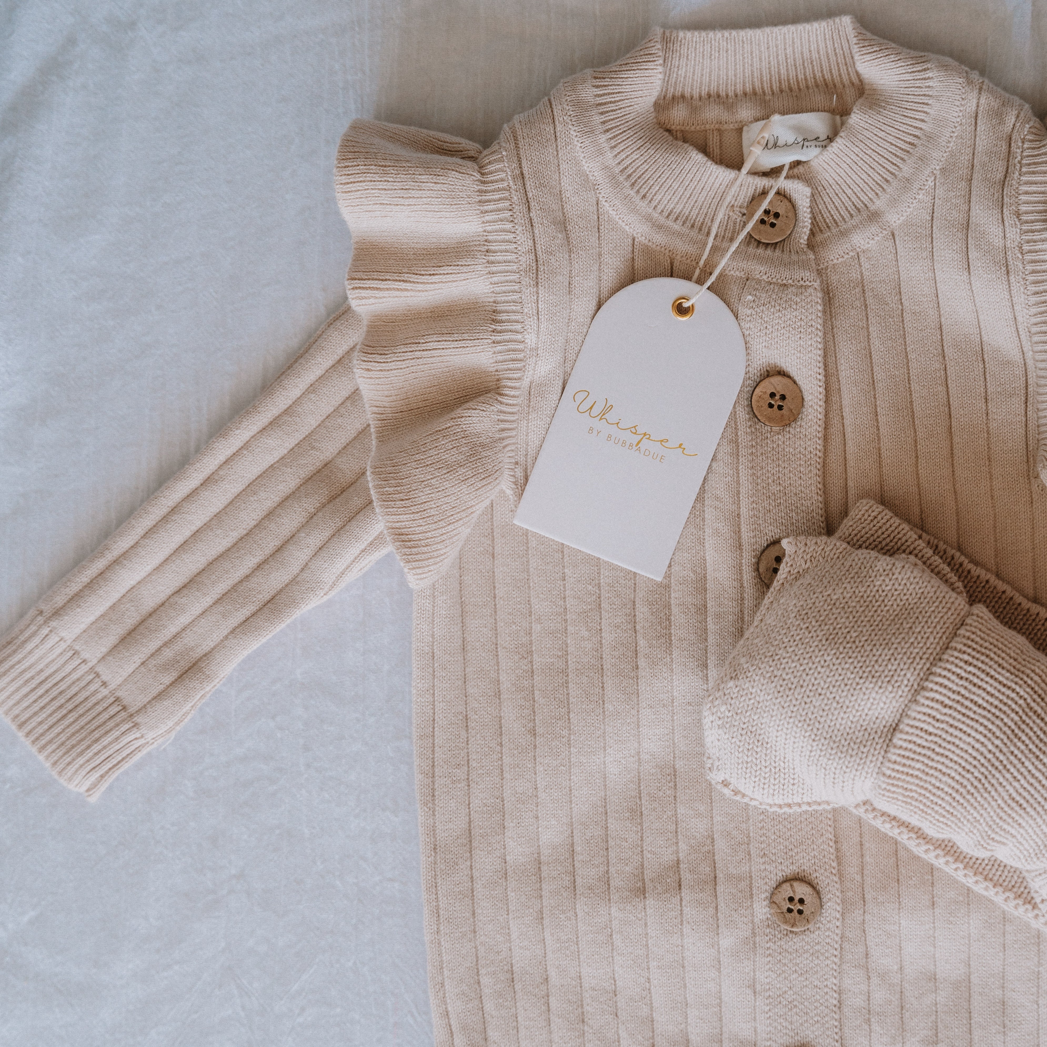Knitted Frilly Romper (0-6 Months) - Biscuit - Bubbadue