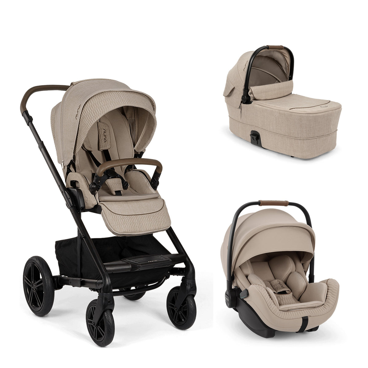 Nuna MIXX next 3-in-1 travel system with stroller, carry cot, and ARRA flex car seat in Cosmopolitan color