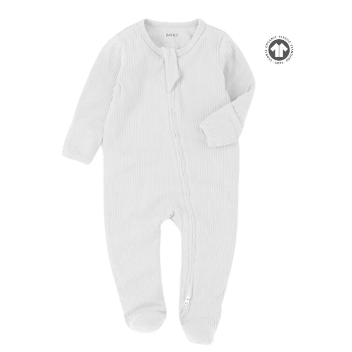 Organic Ribbed Romper With Footies & Mittens | White - Bubbadue