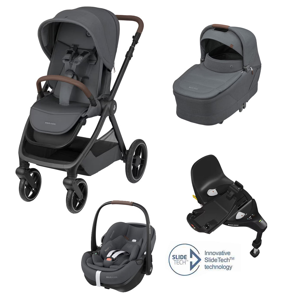 Oxford + Travel System: Oxford Stroller + Sense Carrycot + Pebble 360 Pro Car Seat + FamilyFix 360 Pro Slide Base - Twillic Graphite - Bubbadue