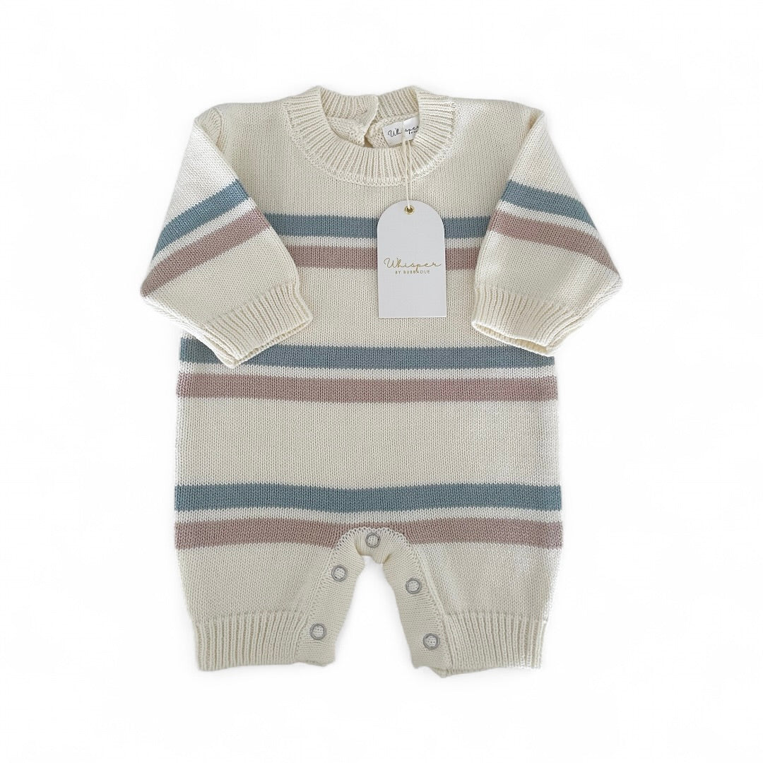 Striped Buttonless Romper - Dusty Blue & Taupe Stripe - Bubbadue