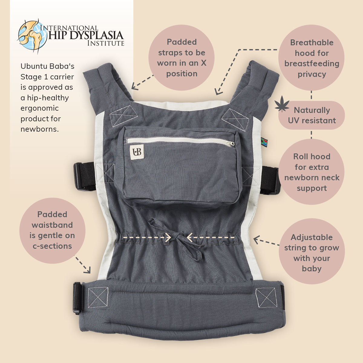 Ubuntu Baba Stage 1 carrier features: padded X straps, breathable hood, adjustable seat and padded waistband