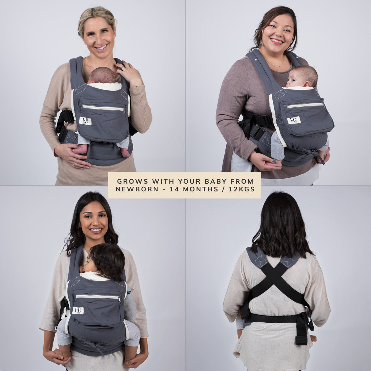 Ubuntu Baba Stage 1 carrier grows with your baby from newborn to 14 months or 12kg, with straps crossed at the back
