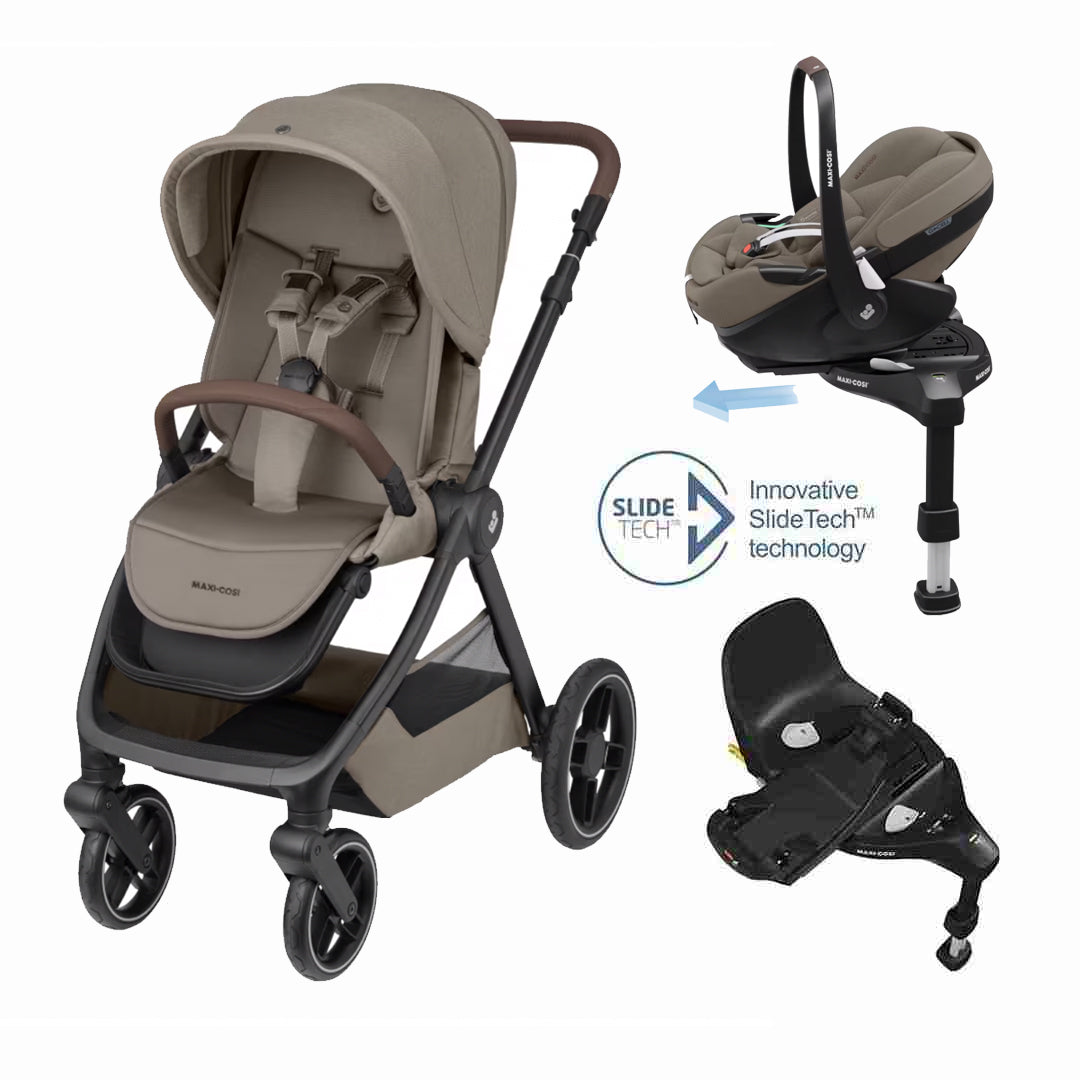 Oxford Travel System: Oxford Stroller + Pebble 360 Pro Car Seat + FamilyFix 360 Pro Slide Base - Twillic Truffle - Bubbadue