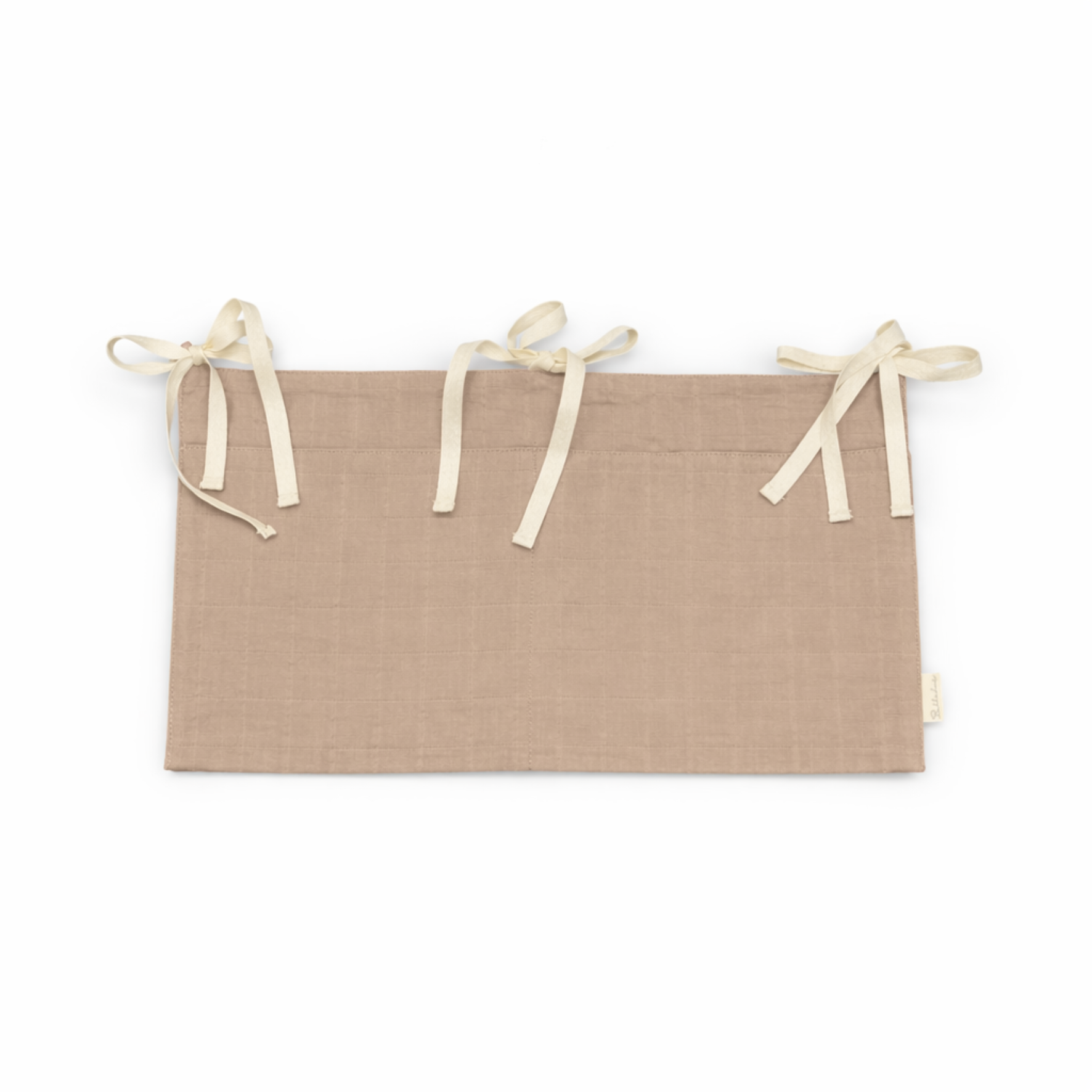 Bubbadue Muslin Cot Pocket in Toffee, soft nursery accessory attached to a crib for storing essentials, made of breathable muslin fabric.