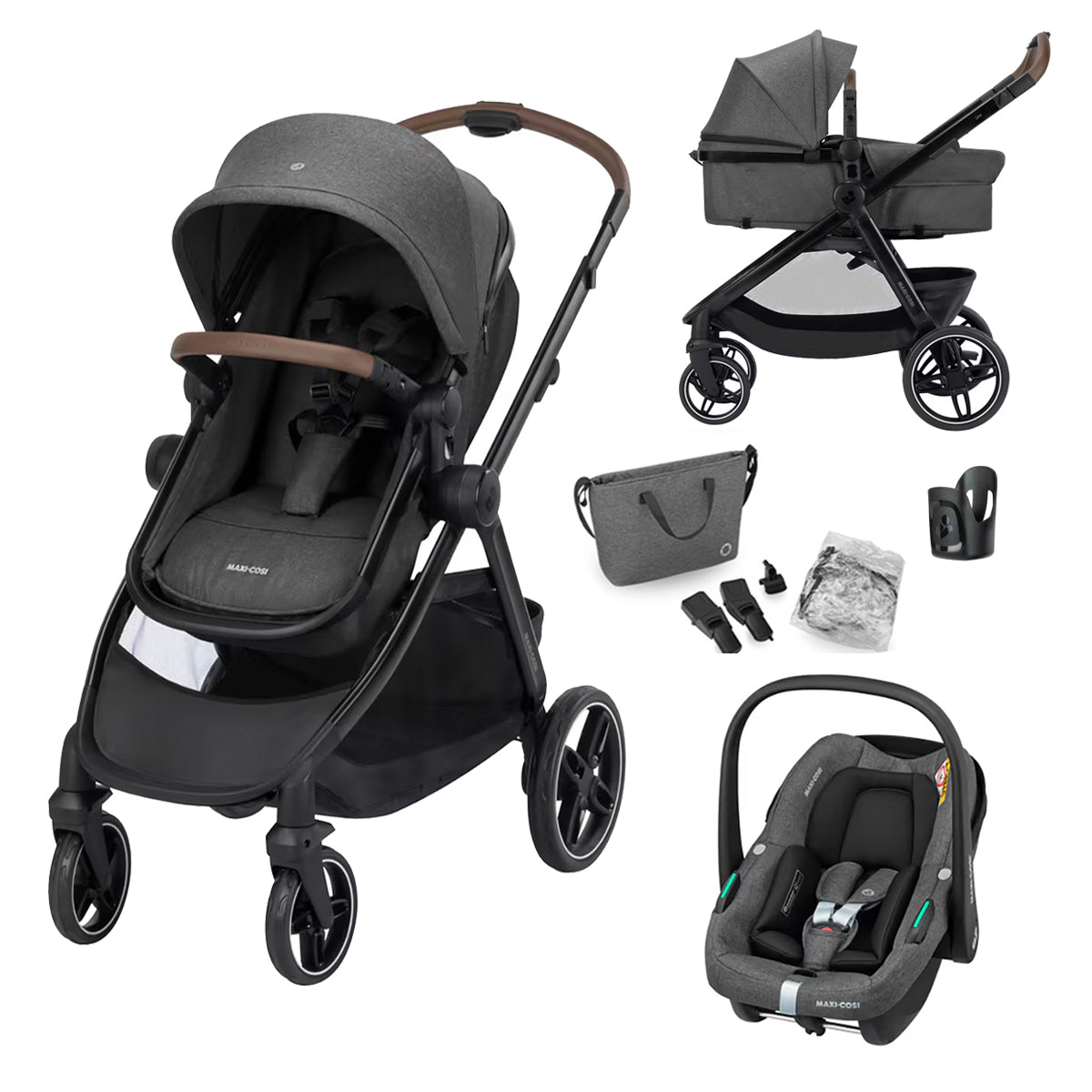 Zelia S Trio² Travel System: Zelia S Trio² Stroller + CabrioFix i-Size Car Seat + Nursery Bag - Dark Grey