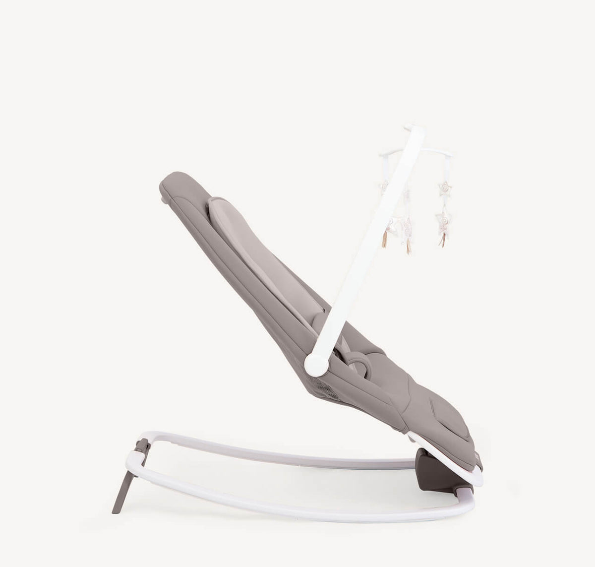 Joie Dreamer Compact Baby Bouncer in Walnut wood finish with padded seat and adjustable recline for comfortable soothing.