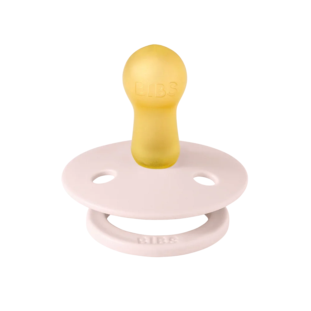 Gnash BIBS Colour Pacifier and Mini Pacifier Case in Petal and Baby Pink, showing the round pacifier and matching case.