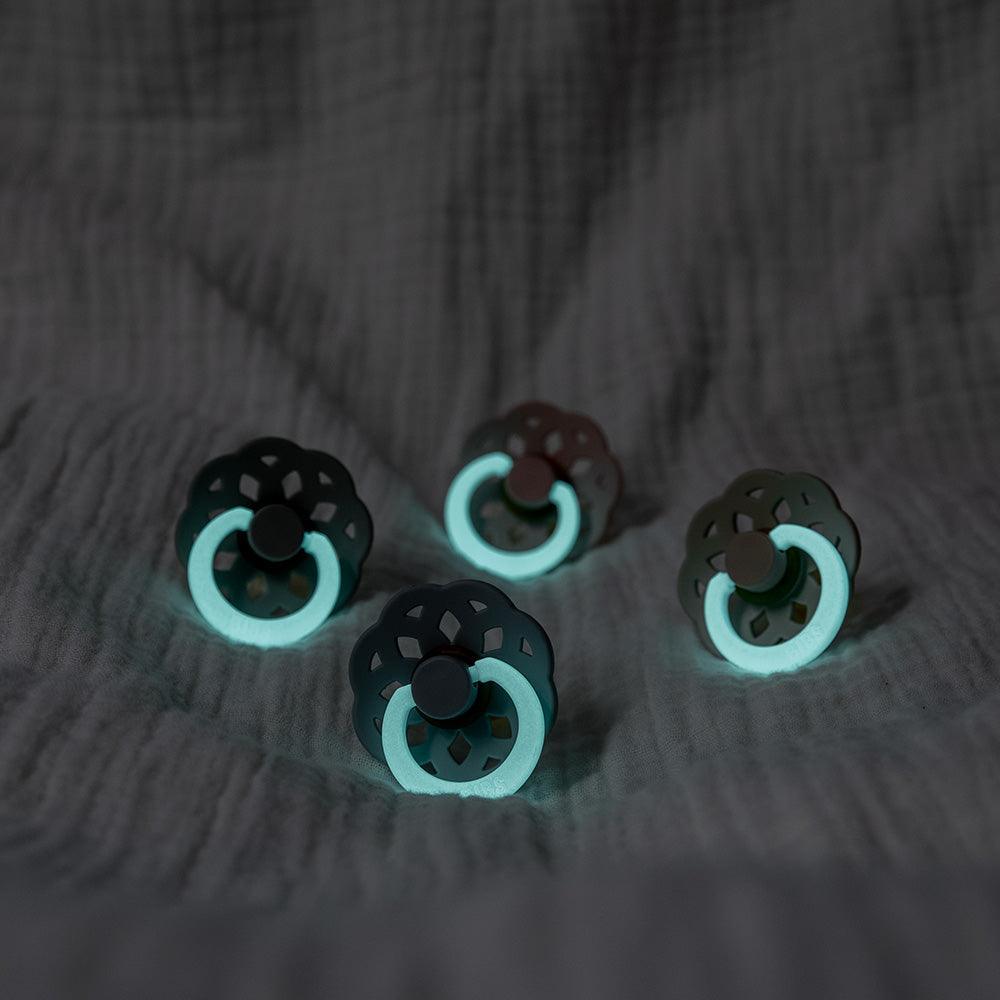BIBS Boheme Glow pacifiers glowing in the dark