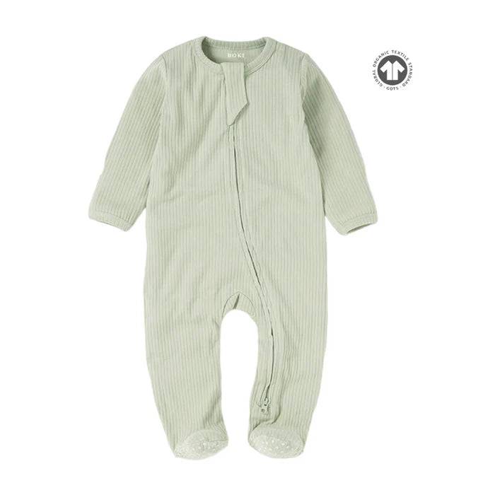 Organic Ribbed Romper With Footies & Mittens | Mint - Bubbadue