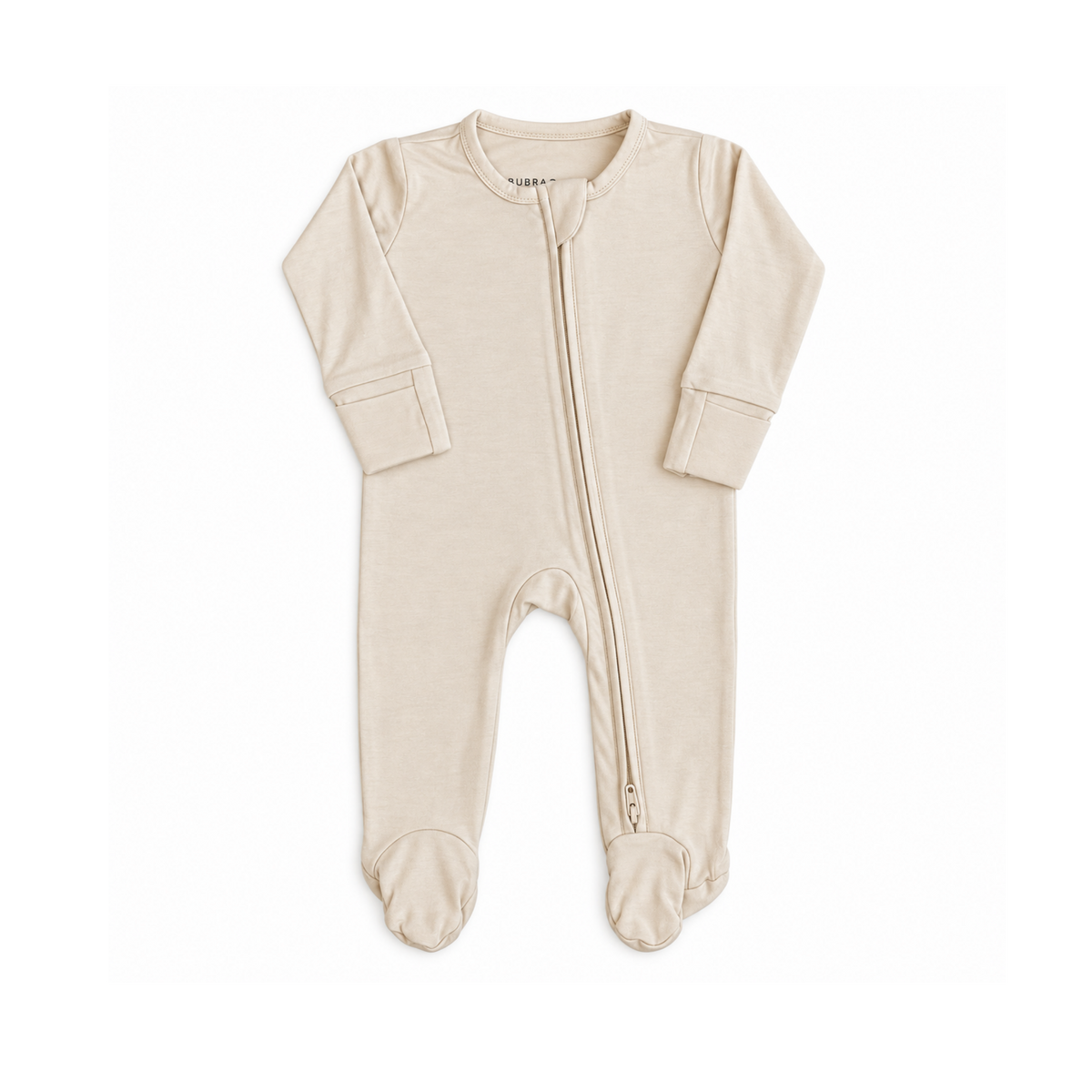 Bubbadue BubbaGrow Sand clothing footies in biscuit color, soft fabric with playful design for comfortable wear.