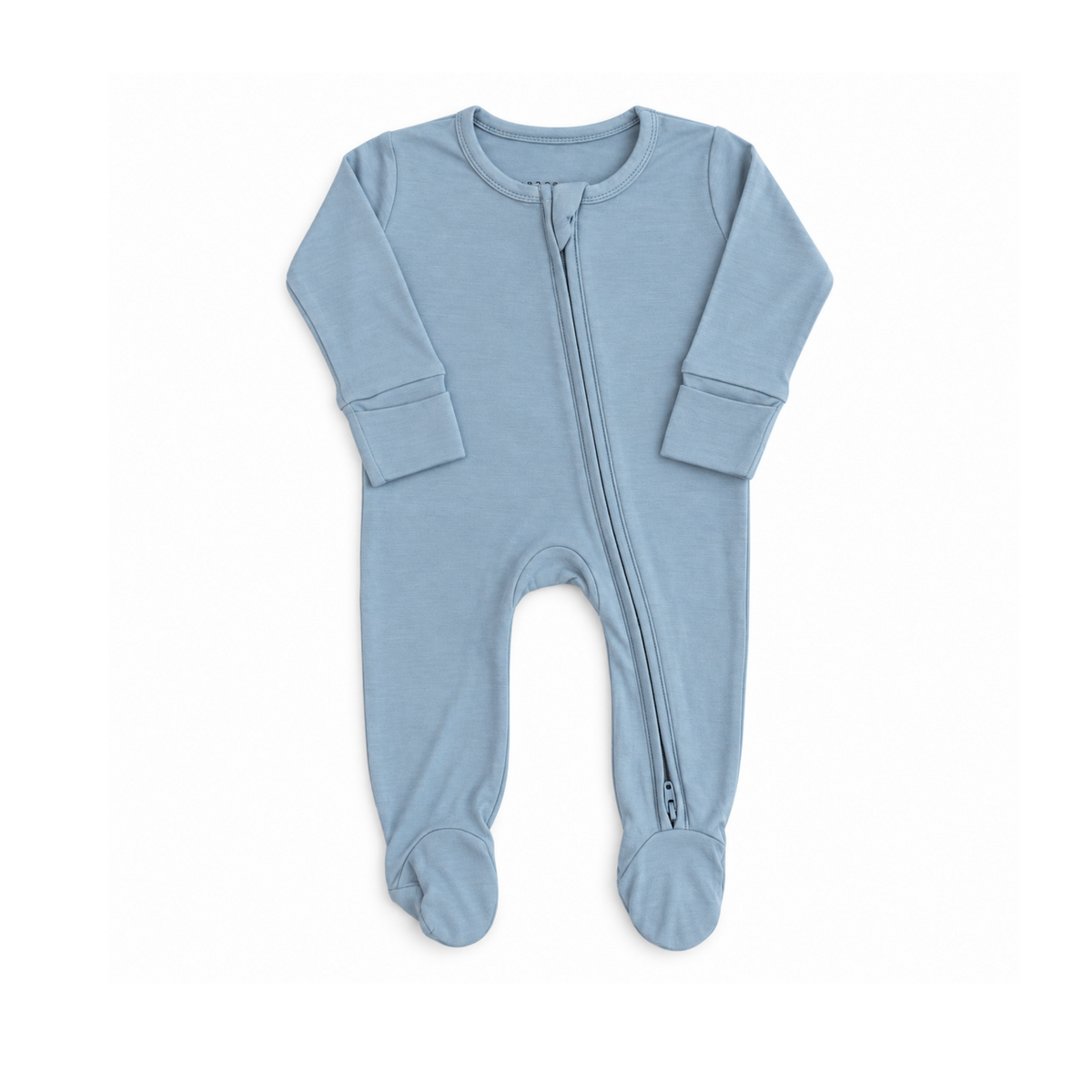 Bubbadue BubbaGrow Misty Blue baby footies with long sleeves, soft fabric, and playful design for comfortable infant clothing