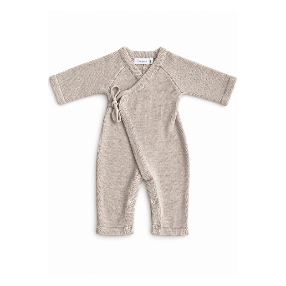 Newborn Bubbadue kimono knitted romper in biscuit color, soft and cozy baby clothing with long sleeves and front tie.