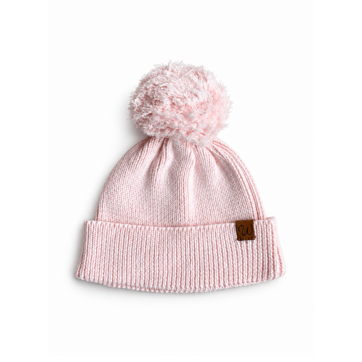 Pale pink rib-knit baby beanie with pom-pom and leather W tag
