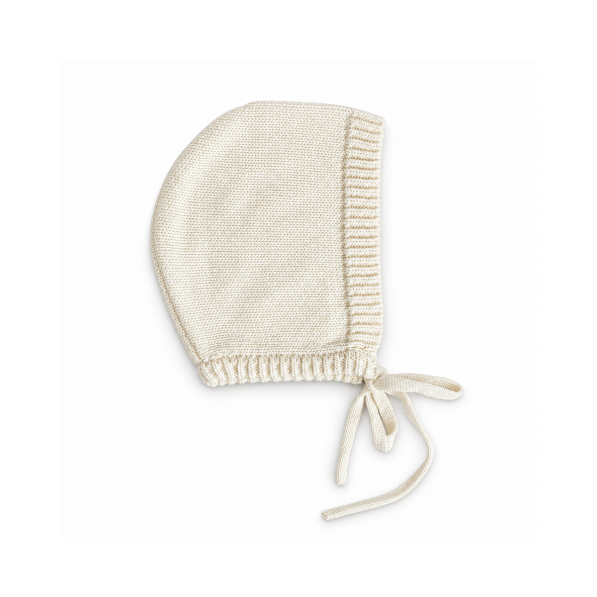 Cream knitted baby bonnet with ribbed edge and chin ties