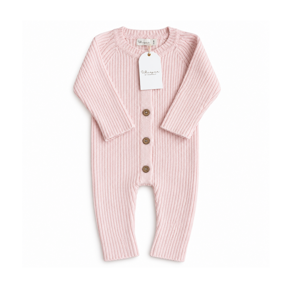 Pink knitted ribbed romper for babies and toddlers from Bubbadue, suitable for ages 0-6 months, featuring soft, cozy fabric.