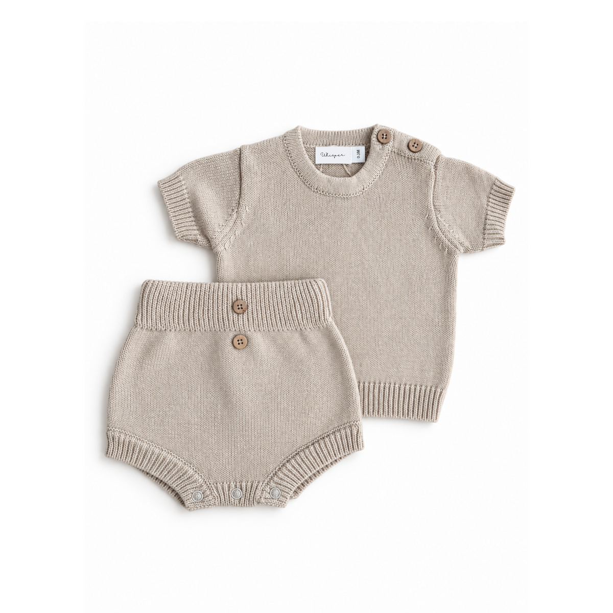 Baby and toddler knitted top and bloomer set in biscuit color by Bubbadue, featuring a cozy knit design and soft fabric.