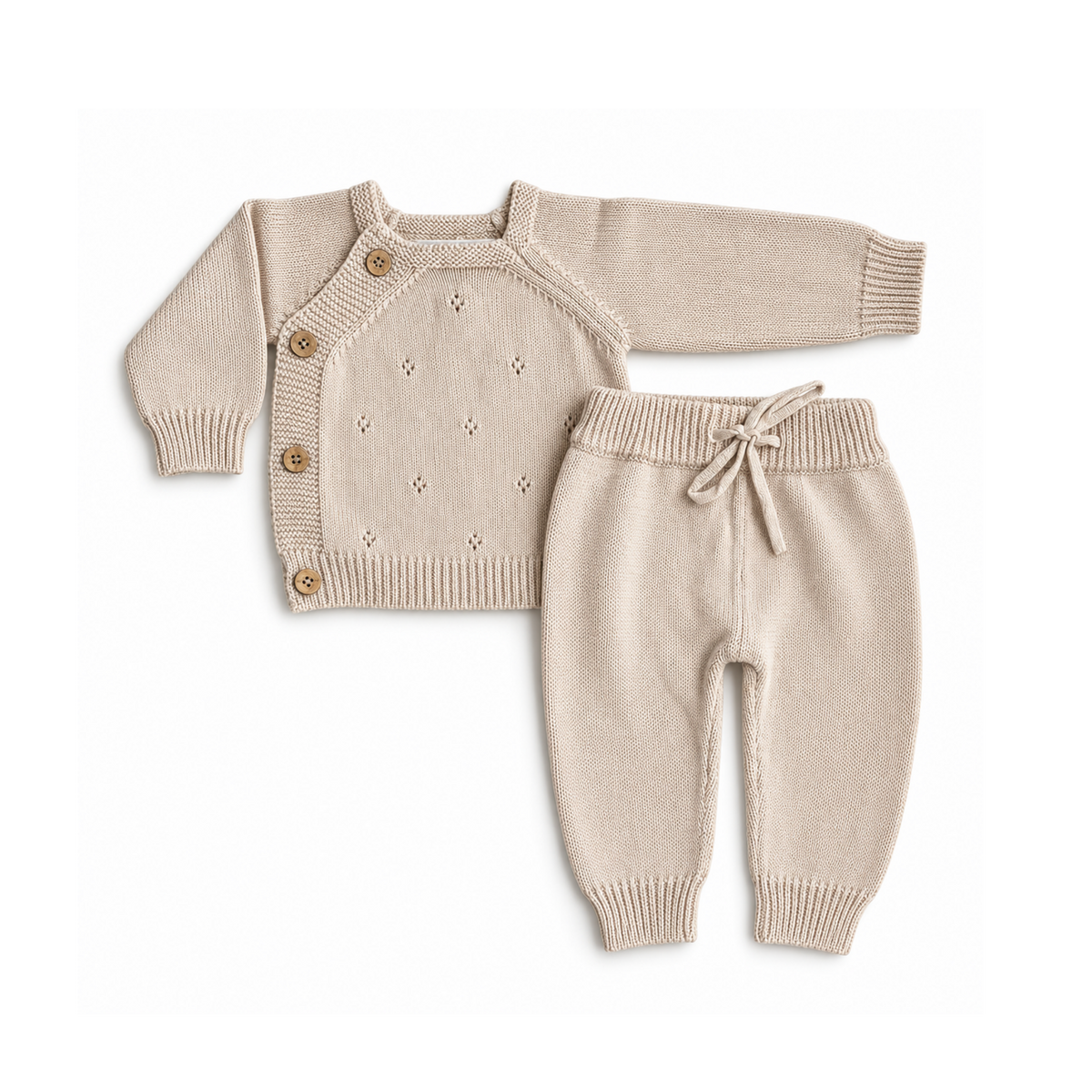 Baby and toddler knitted tracksuit in biscuit color by Bubbadue, featuring cozy knit fabric and comfortable fit.