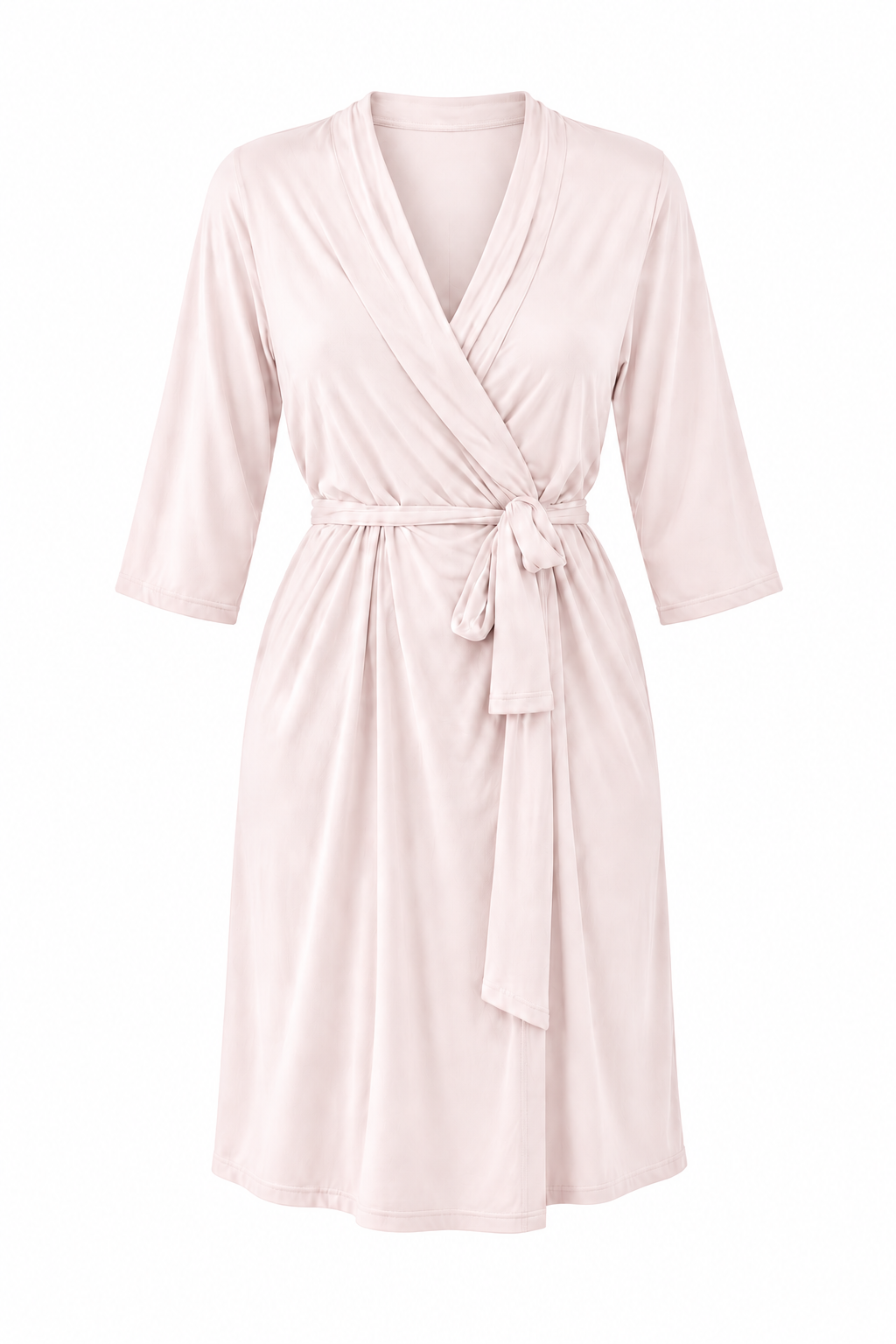 Mamadue Wrap Robe in Blush, front view with tie belt