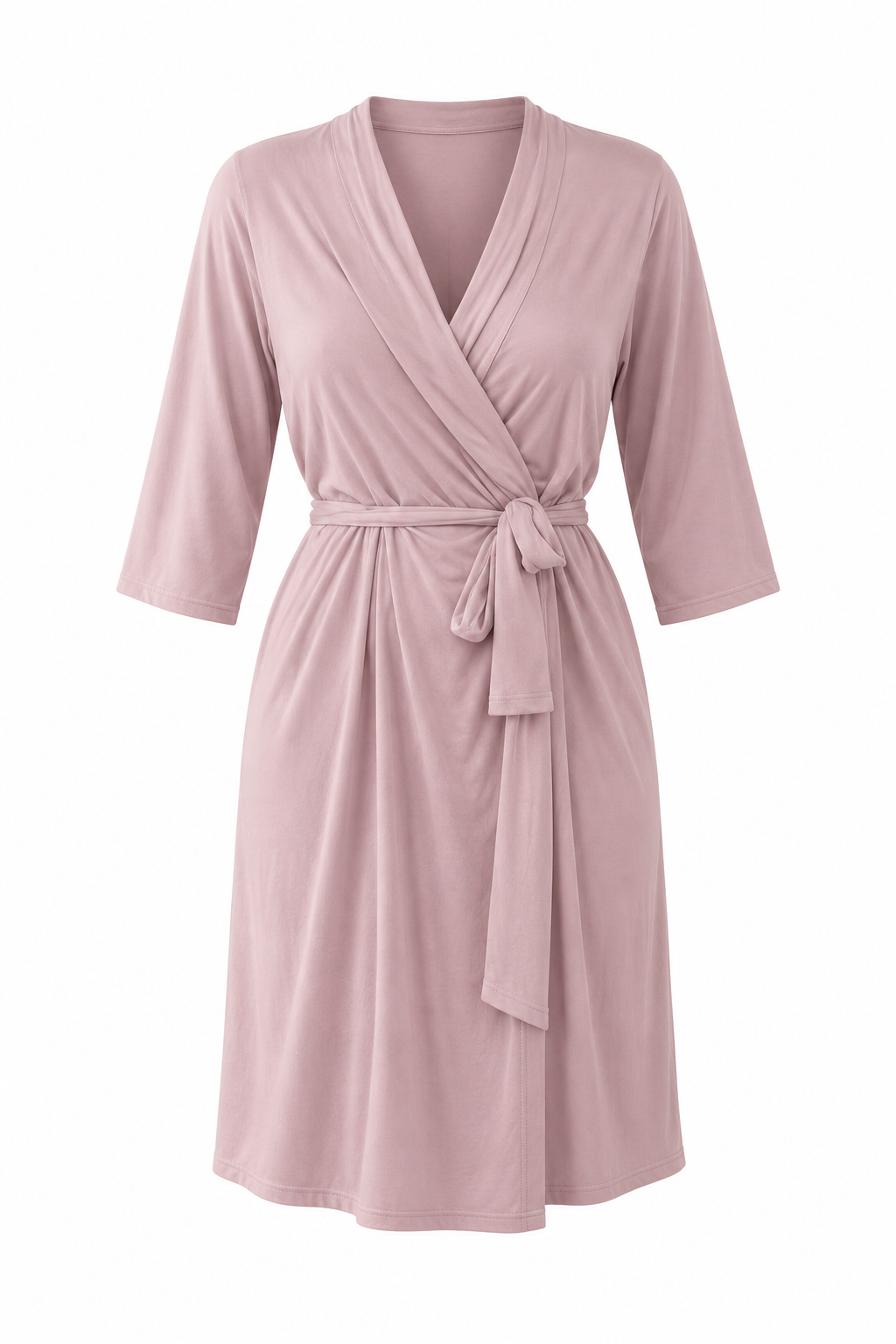 Mamadue Wrap Robe in Dusty Rose, front view with tie belt