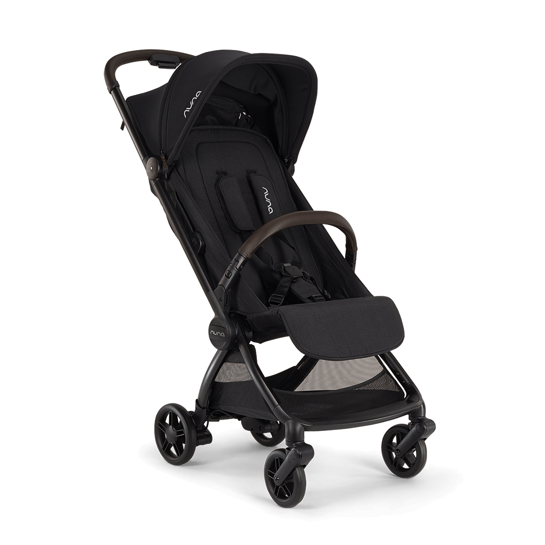 Nuna VIAA cabn Cabin Stroller in Caviar, angled view showing compact black travel stroller frame