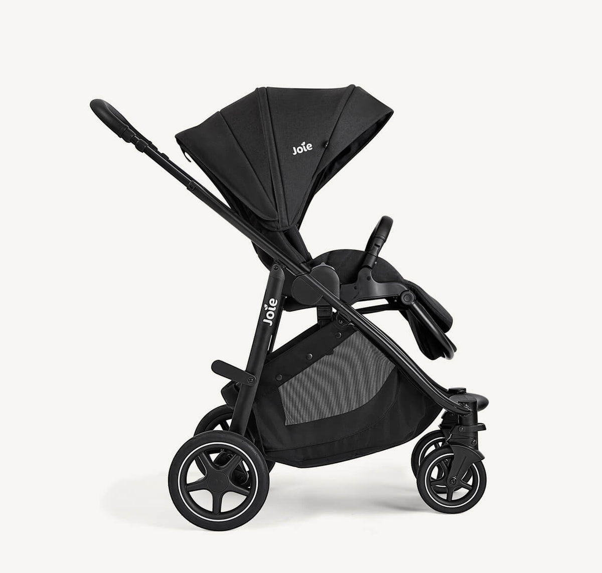 Joie Versatrax travel system with i-Gemm 3 infant car seat in Raven, showing right profile of the stroller and car seat combination.