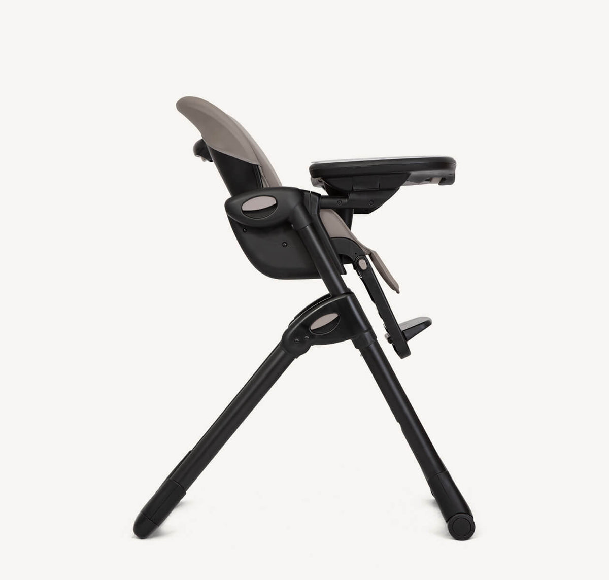 Joie Mimzy Recline From-Birth High Chair in Hazelnut, side profile view showing adjustable recline and sturdy frame for infants.