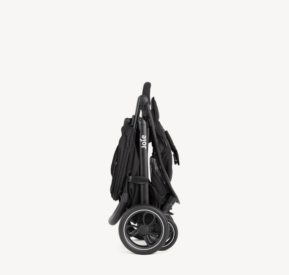 Joie Litetrax Travel System with i-Snug 2 stroller in shale, folded for easy transport and storage.