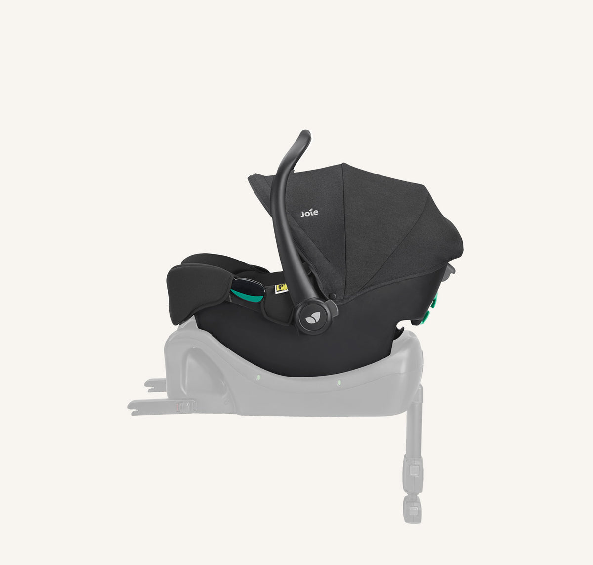 Joie i-Snug 2 i-Size infant car seat in Raven, shown on base from left profile, with padded interior and secure harness system.