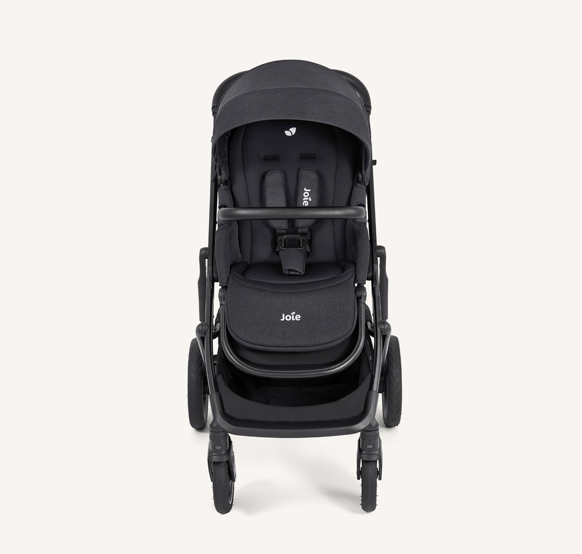 Joie Elara all-suspension stroller in Raven color with front view, showing its modern design and sturdy frame.