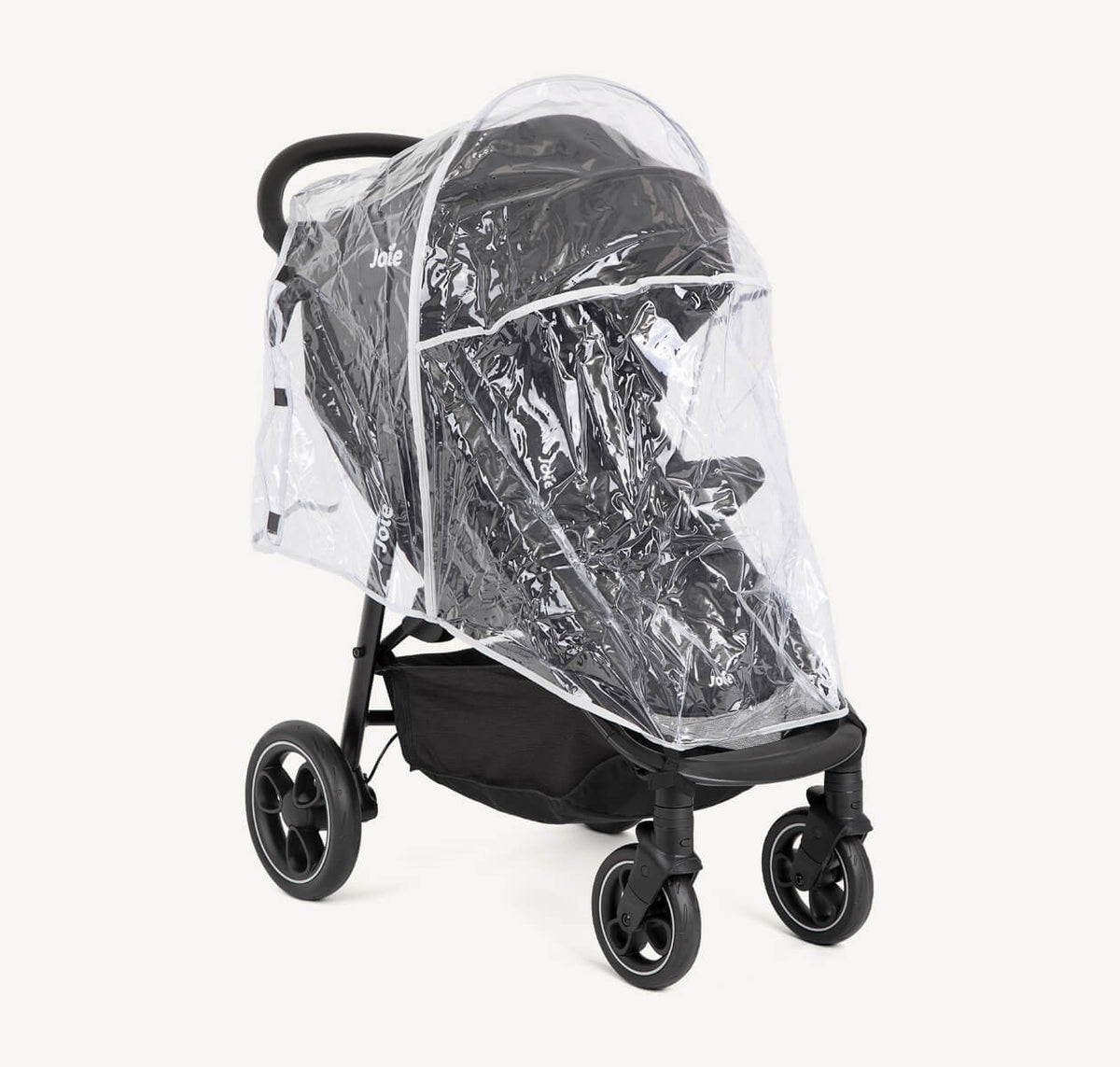 Joie Litetrax Travel System with i-Snug 2 stroller in shale color with rain cover attached.